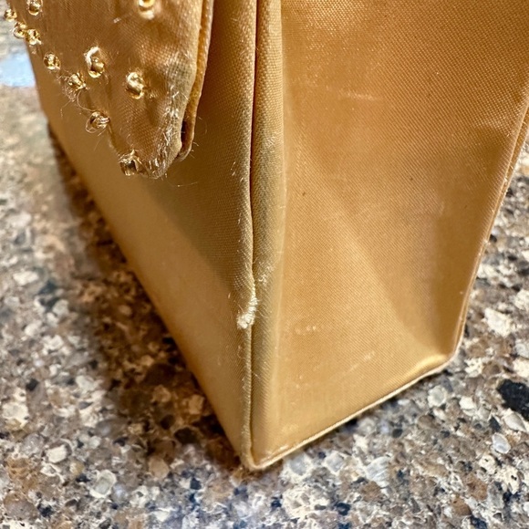 SASHA NEW YORK, GOLD SATIN, BEADED HANDBAG WITH HAND STRAP OR SHOULDER STRAP. - Picture 7 of 7